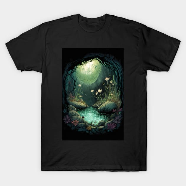 Magical Cavern Oasis Fantasy Illustration T-Shirt by peachycrossing